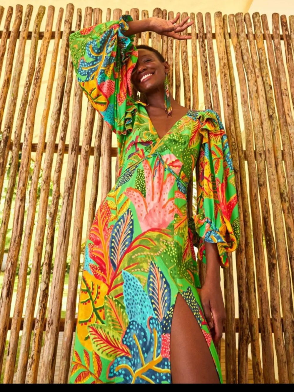 FARM Rio Green Tropical-Print Maxi Dress with Multicolor Accents